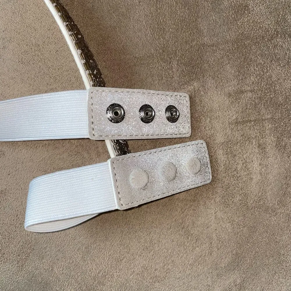 White House Black Market Beaded Studded Rhinestone snap button elastic belt sz S